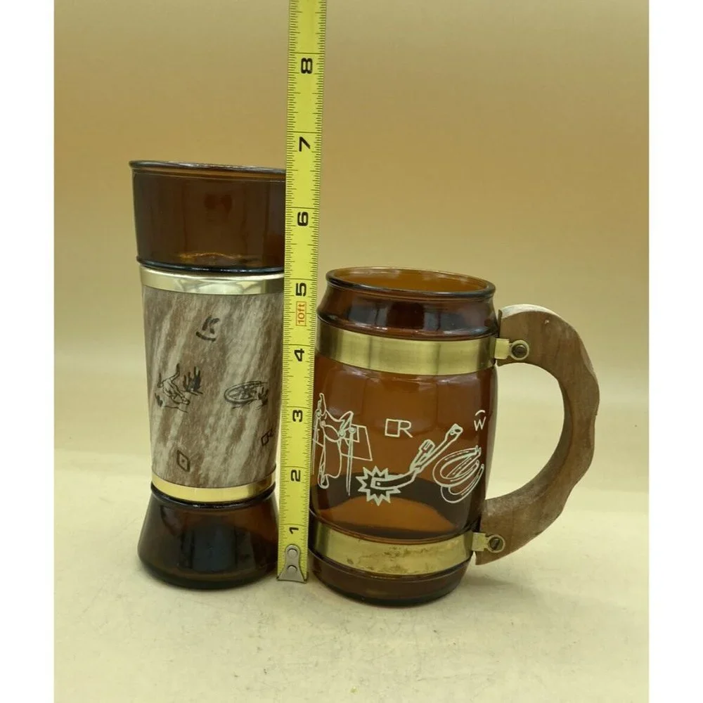 Siesta Ware Vintage MCM Western Tiki Barware Walnut Sleeve Beer Glass & Mug